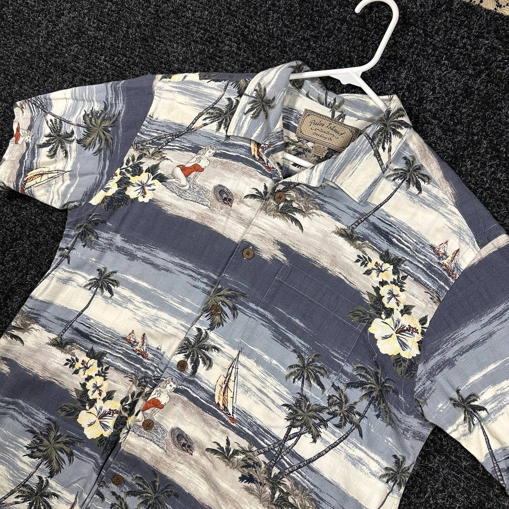 Palm Island Button Up Mens Medium Blue Tropical Palm Tree Cotton Rayon